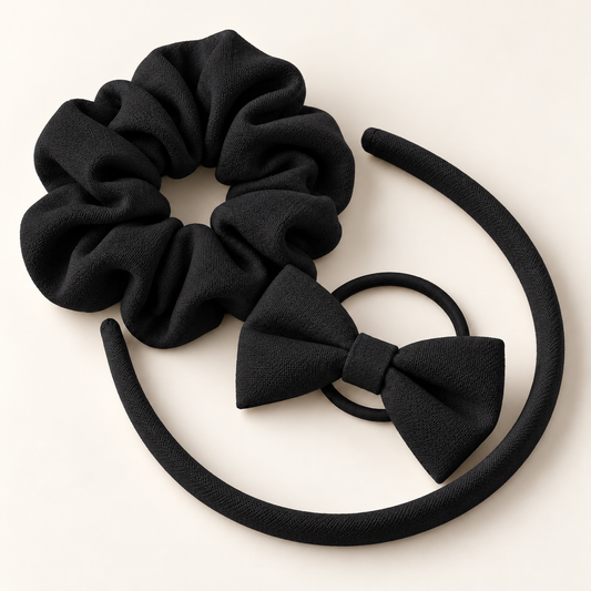 Black school hair accessories set with Alice band, scrunchie and bow hair elastic.