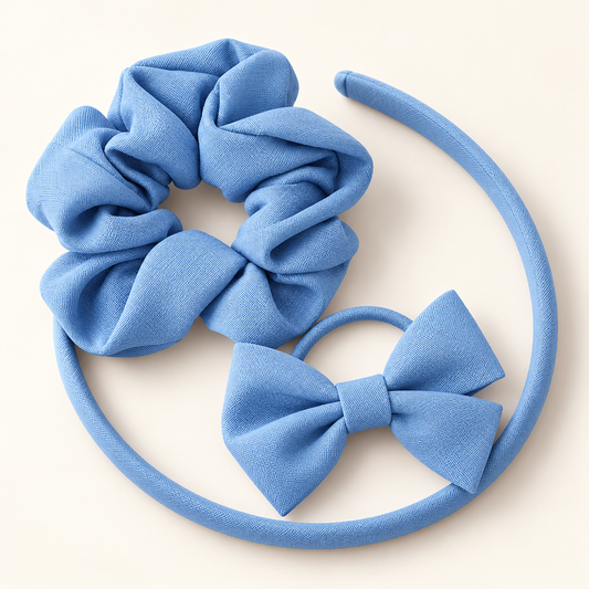 Light blue school hair accessories set with Alice band, scrunchie and bow hair elastic.