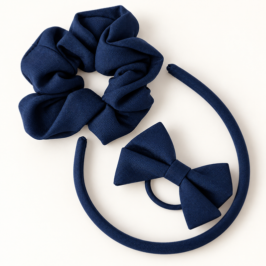 Navy blue school hair accessories set with Alice band, scrunchie and bow hair elastic.