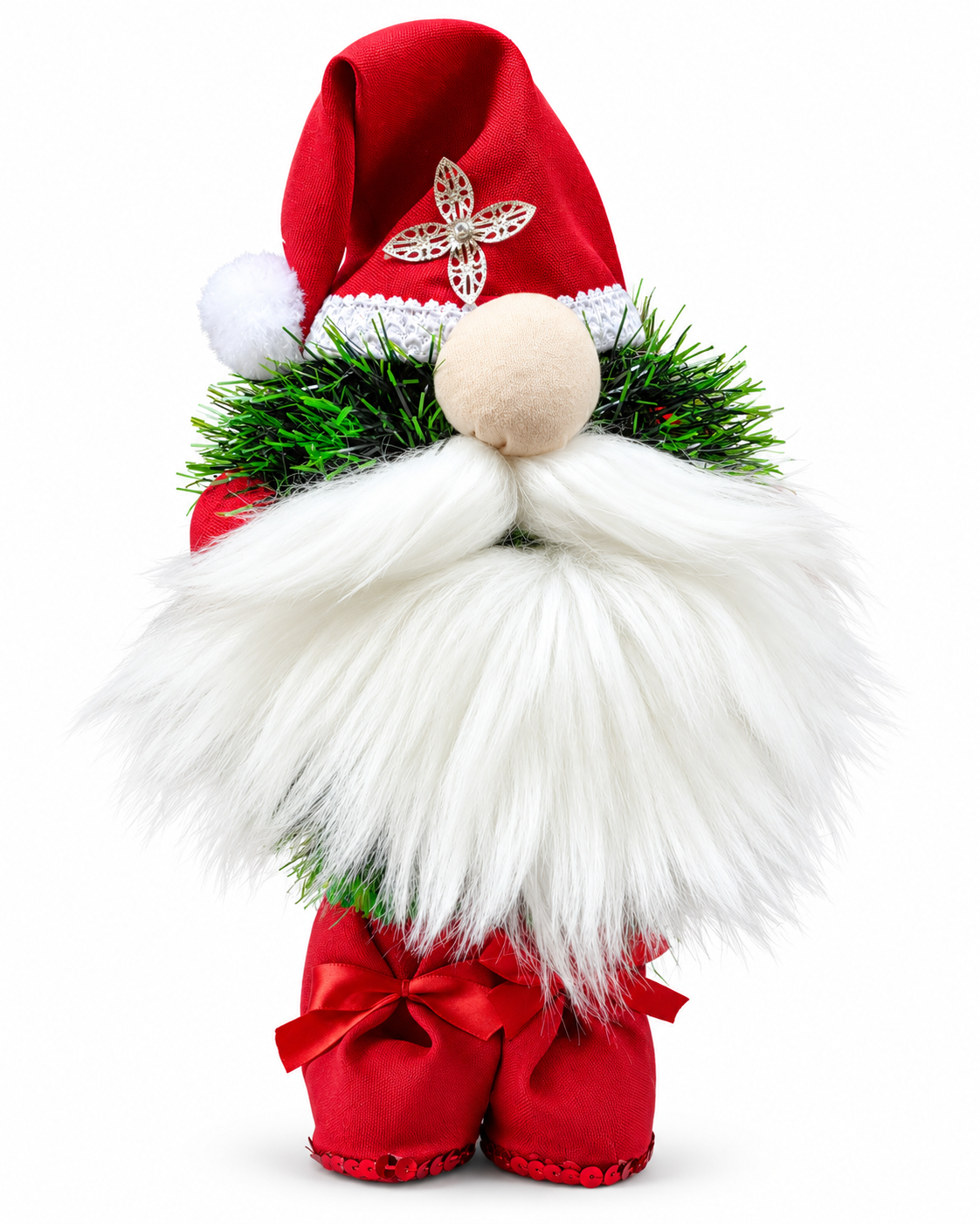Handmade Christmas gnome decoration with red hat, white faux-fur beard, green festive trim and red bow by Pieter Lategan | STUDIO.