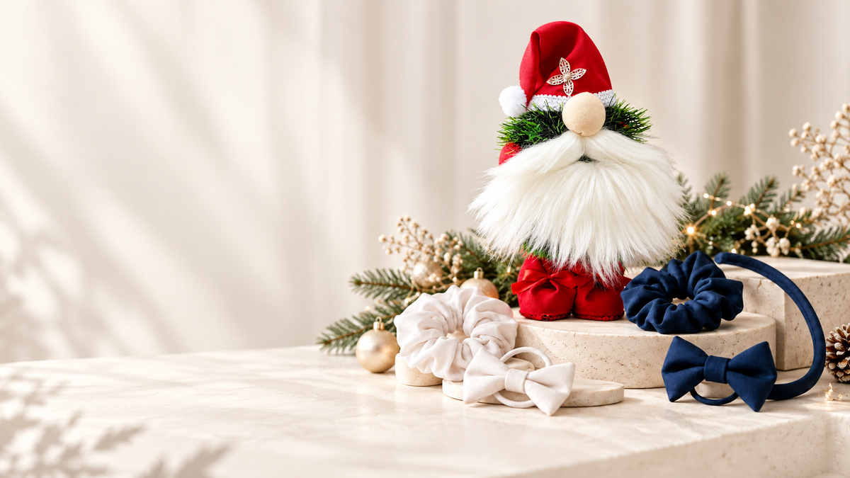 Pieter Lategan | SHOP Christmas hero banner featuring a handmade Christmas gnome with navy and white school hair accessories.v