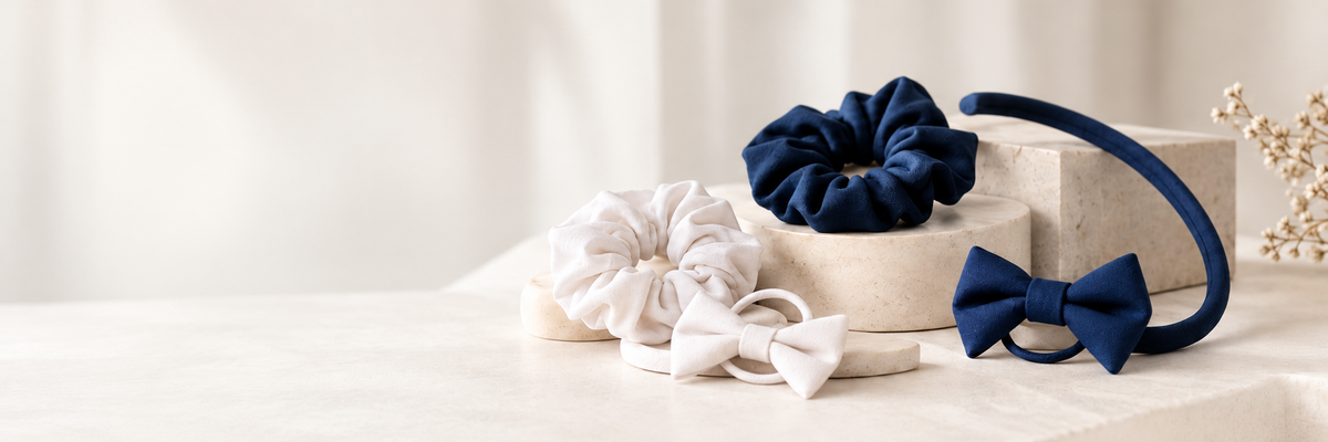 Navy and white school hair accessories with headbands, scrunchies and bow hair elastics