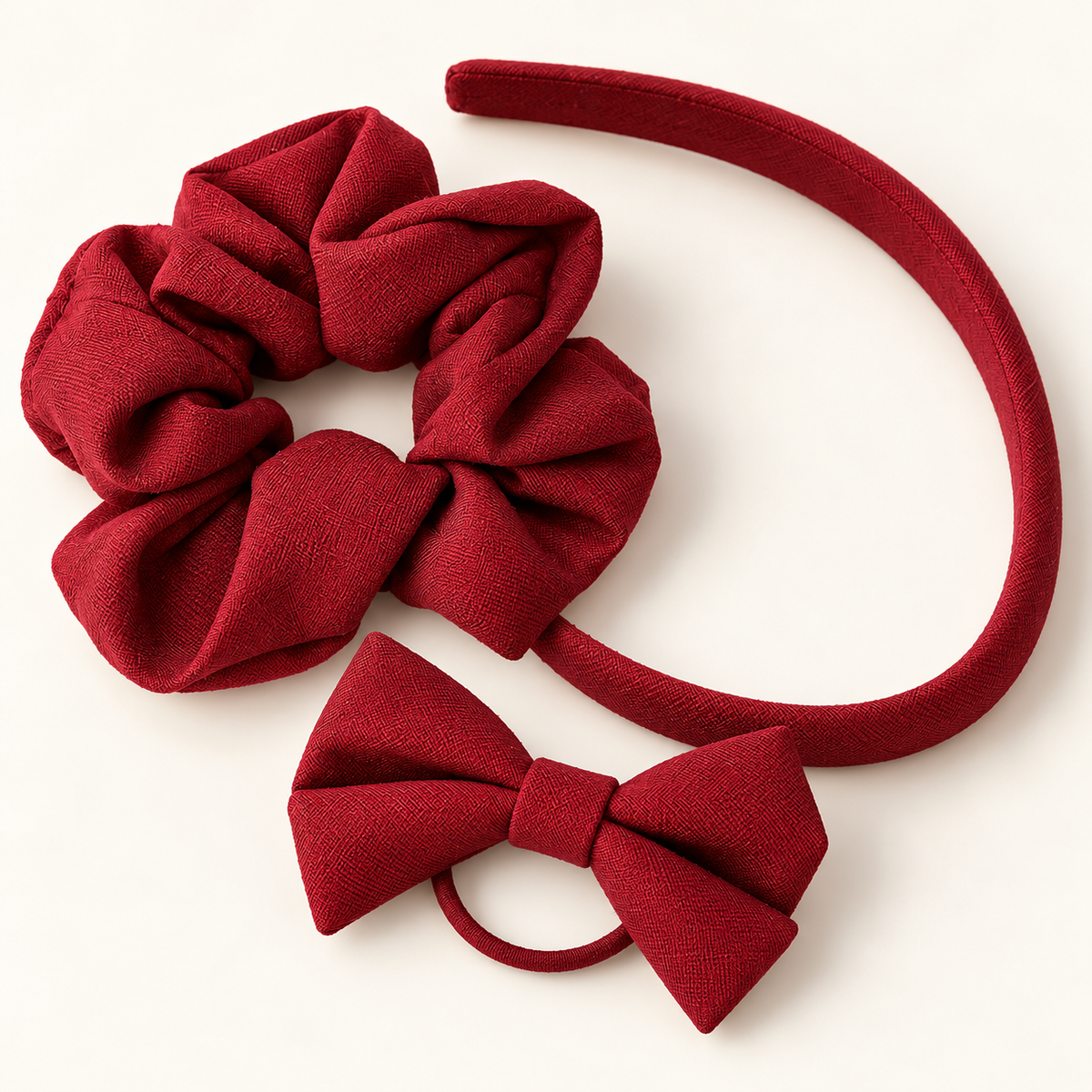 Red school hair accessories set with Alice band, scrunchie and bow hair elastic.